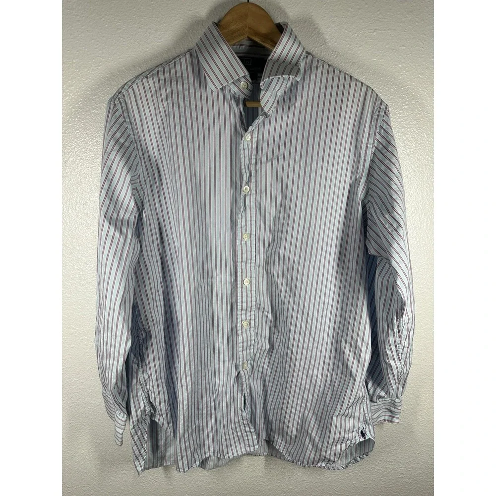 Polo Ralph Lauren Shirt Mens 16.5 Blue Stripe Regent Button Front‎ Long Sleeve